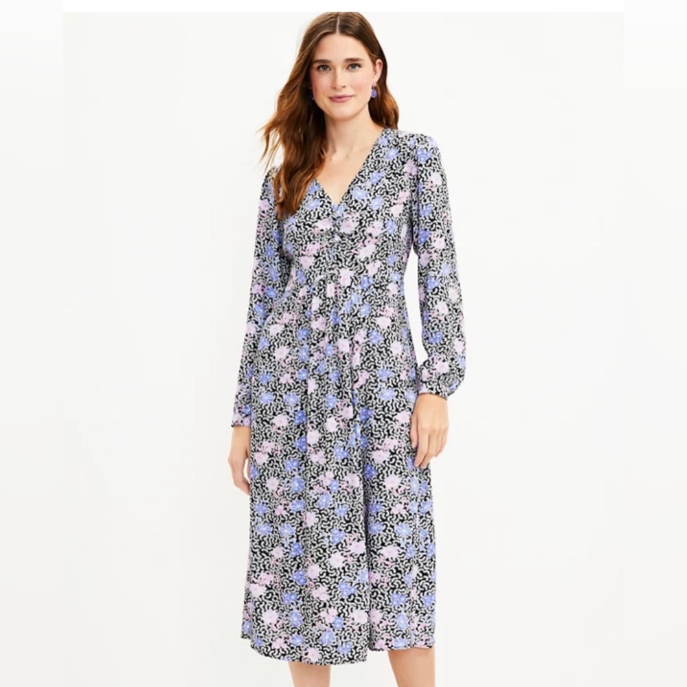 LOFT Floral Ruched Midi Dress